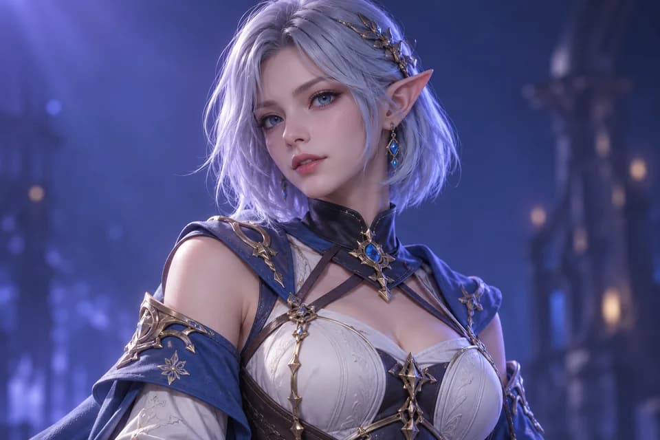 Conceptual fantasy avatar with violet hair and pointed ears.
