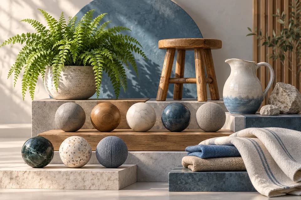 Conceptual library of scene props and material samples.
