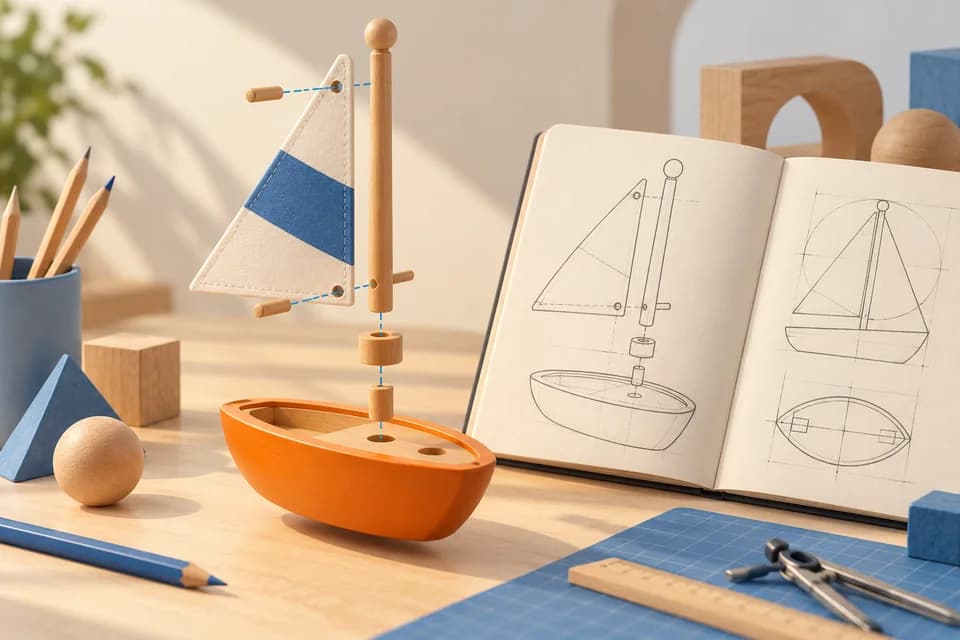 Conceptual sailboat assembly and sketchbook for step-by-step modeling guides.