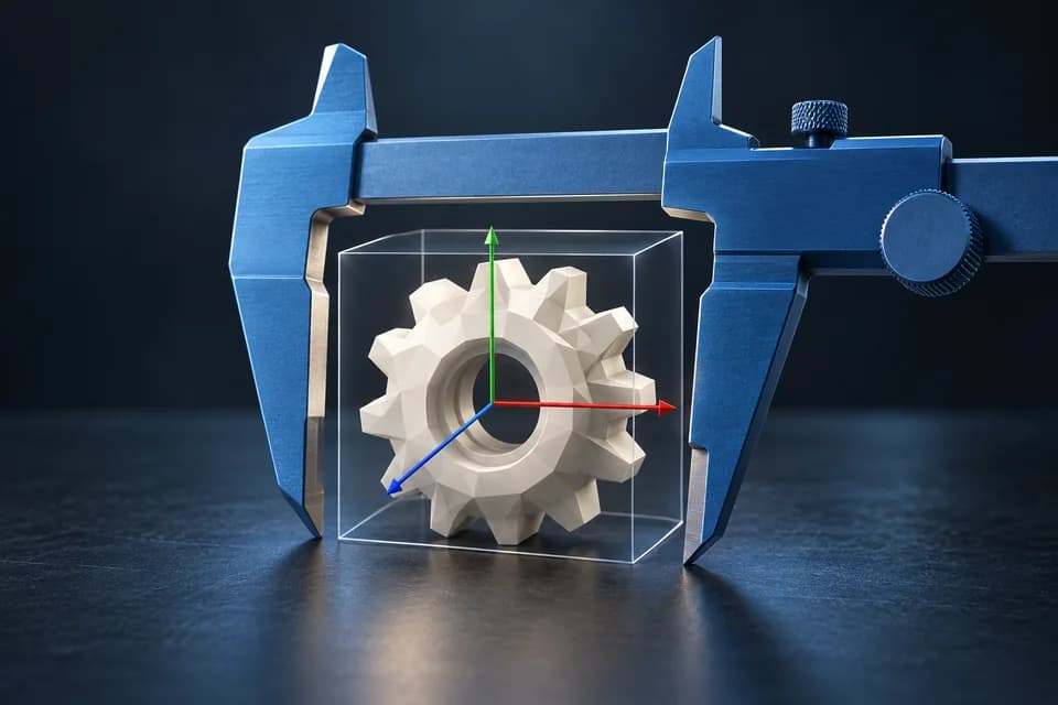 Conceptual gear with caliper, bounding box and coordinate axes for inspection.