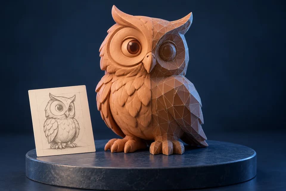 Conceptual owl asset showing a smooth surface and a triangulated mesh.