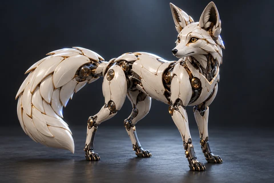 Conceptual white-and-gold robotic fox asset.